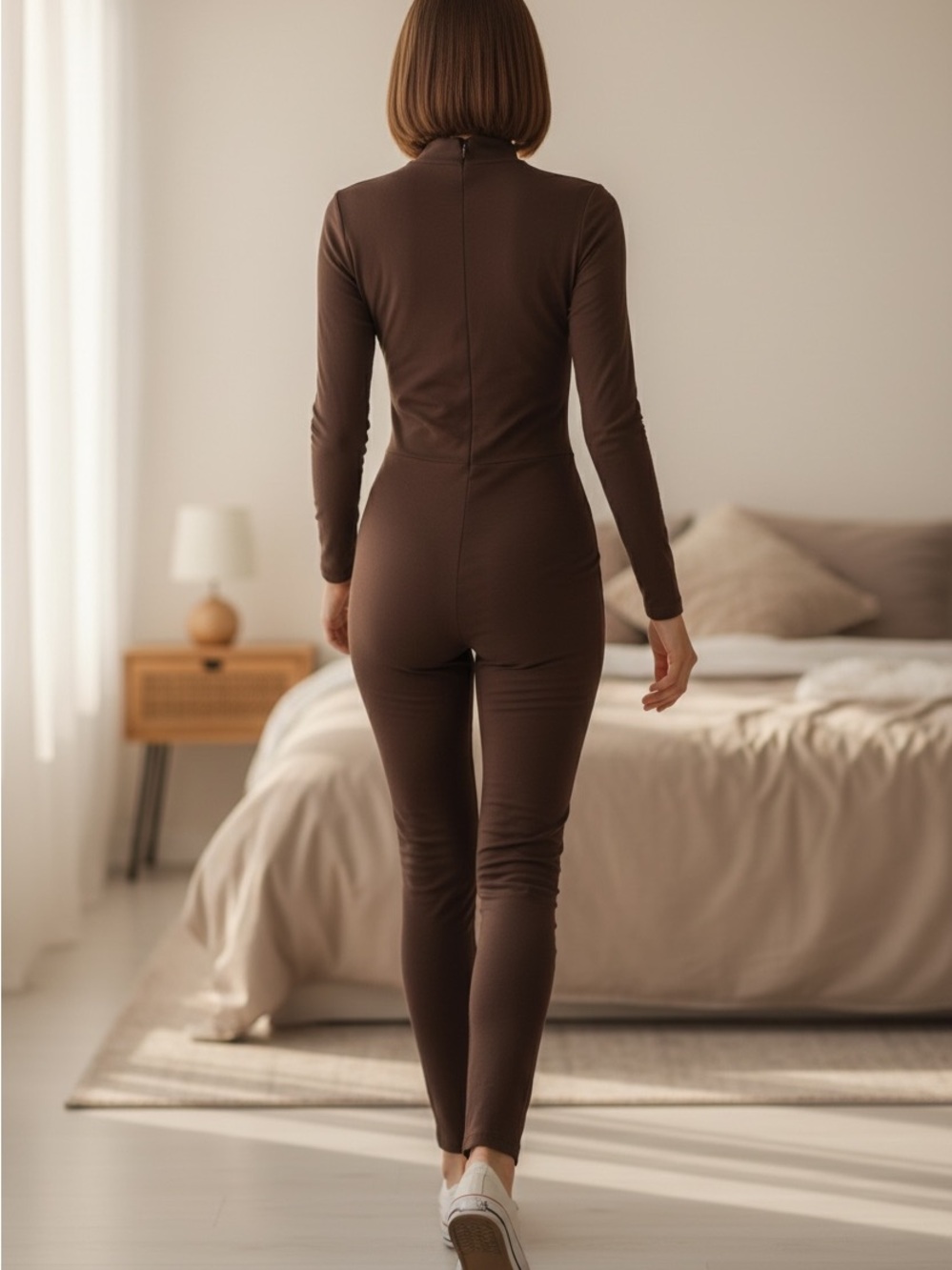 Minimalist Brown Long-Sleeve Jumpsuit